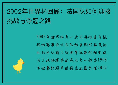 2002年世界杯回顾：法国队如何迎接挑战与夺冠之路